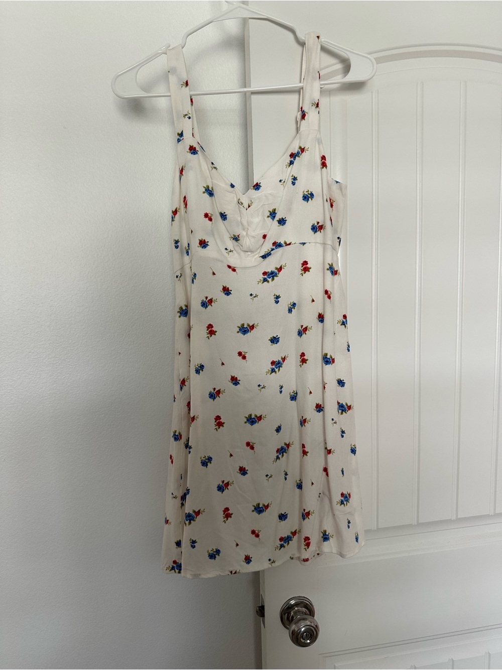 Cream Floral Mini Slip Dress with Red and Blue Blooms